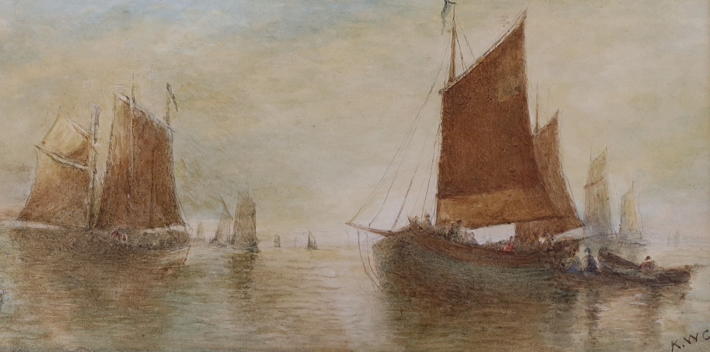 T. Mortimer, watercolour, Fishing boats at sea, 23 x 51cm and two other watercolours of fishing boats by differing hands